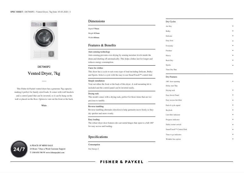 Page 1 de la notice Fiche technique Fisher & Paykel DE7060P2