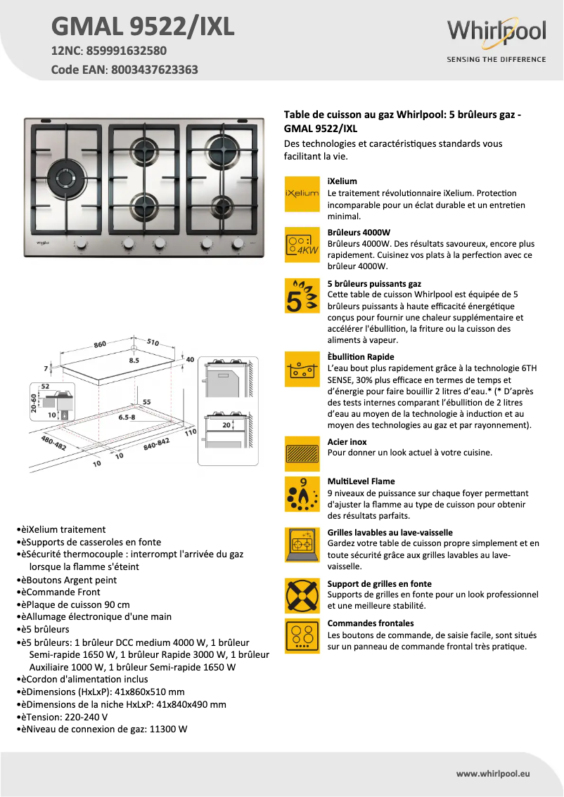 Page 1 de la notice Fiche technique Whirlpool GMAL 9522/IXL