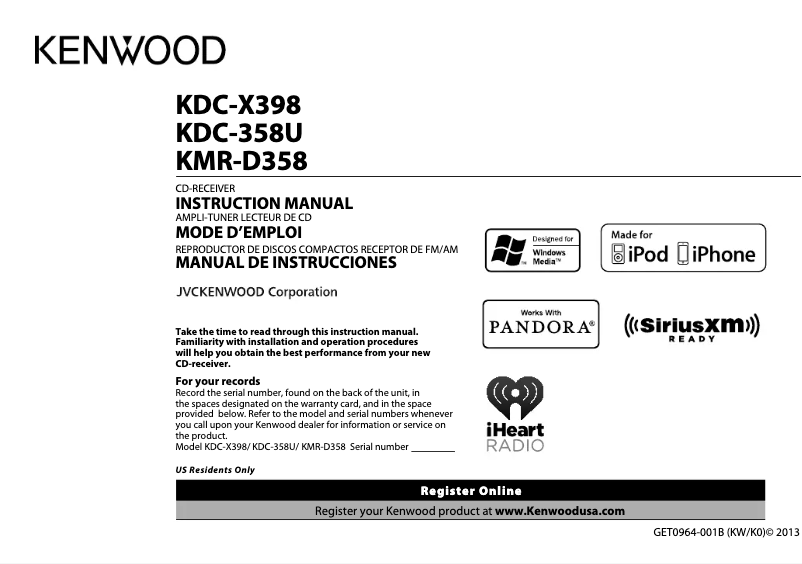 Image de la première page du manuel de l'appareil KDC-X398