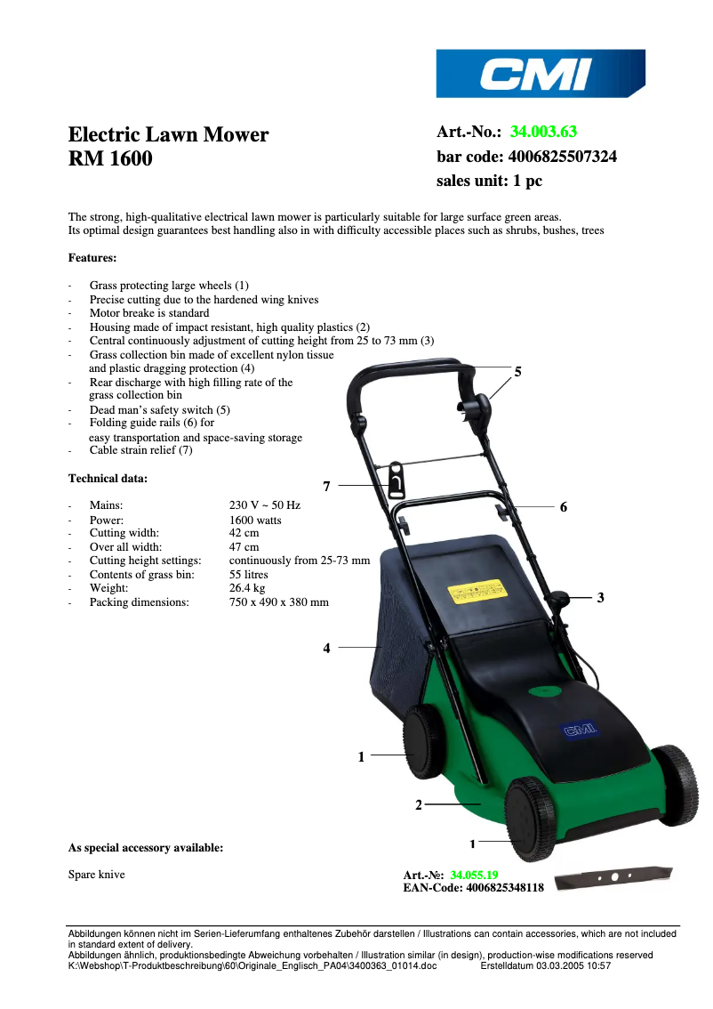 Page 1 de la notice Fiche technique CMI RM 1600