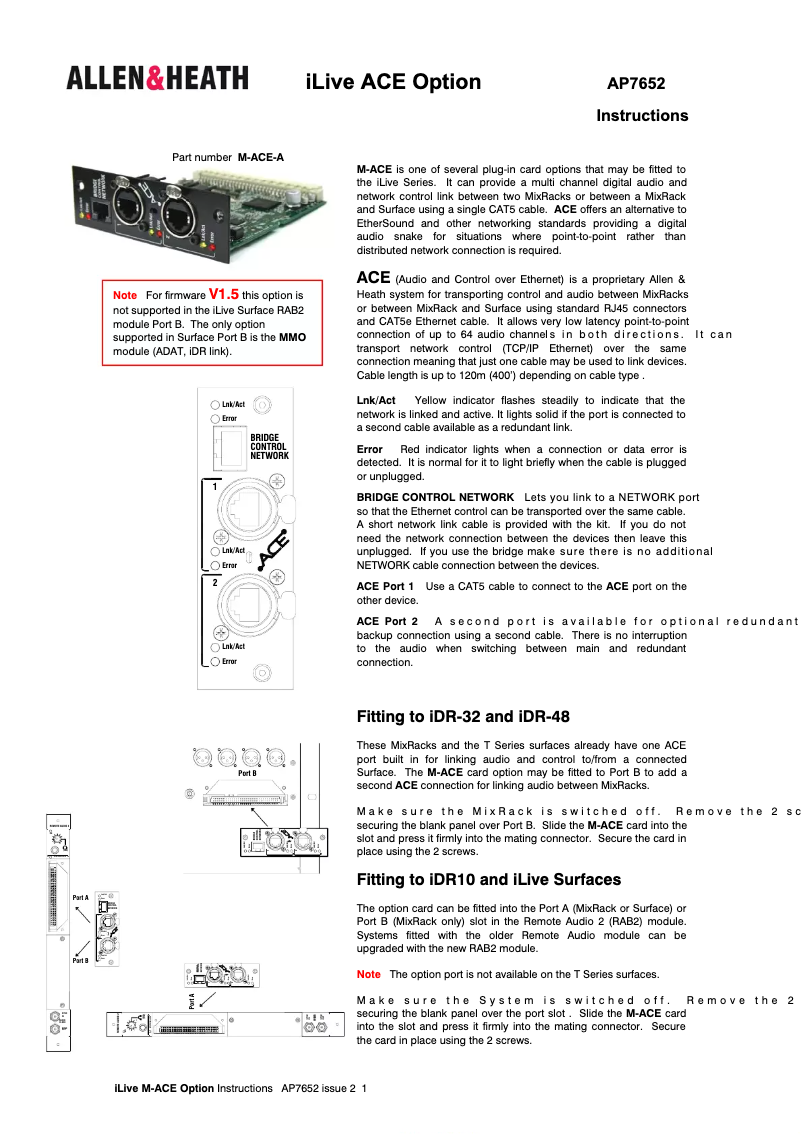 Page n°1 - Manuel utilisateur Allen & Heath iLive ACE