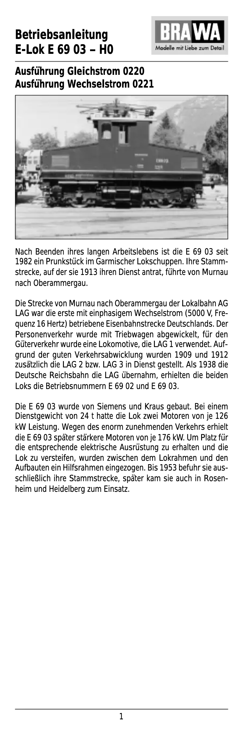 Page n°1 - Manuel utilisateur Brawa 0220 E 69 03 (HO)