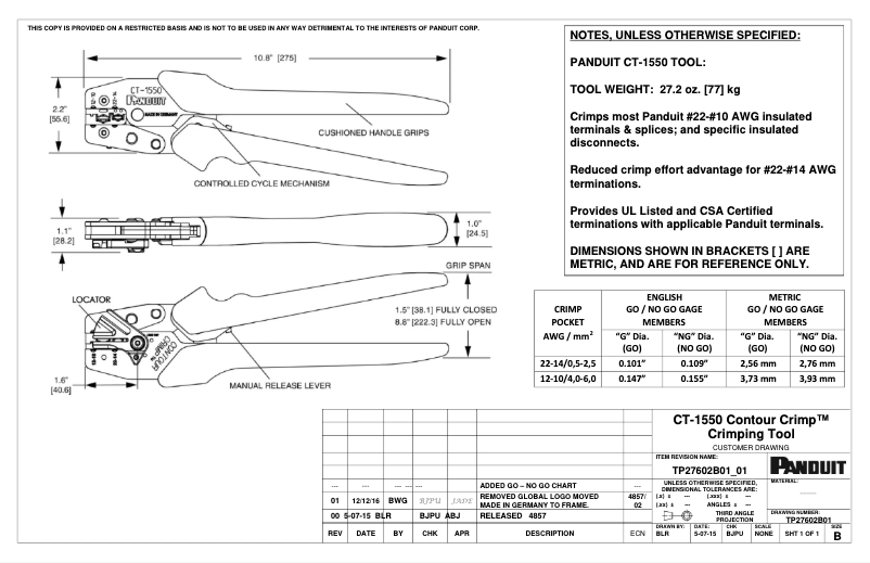 Page 1 de la notice Dessin technique Panduit CT-1550