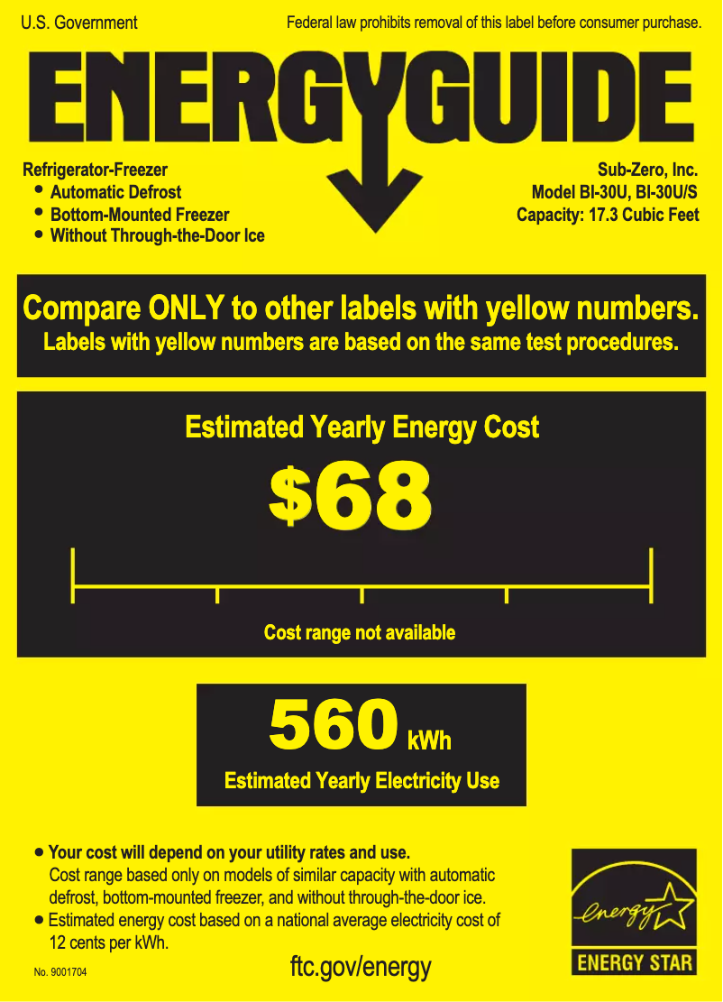 Page 1 de la notice Label énergétique Sub-Zero BI-30U/S/TH-LH