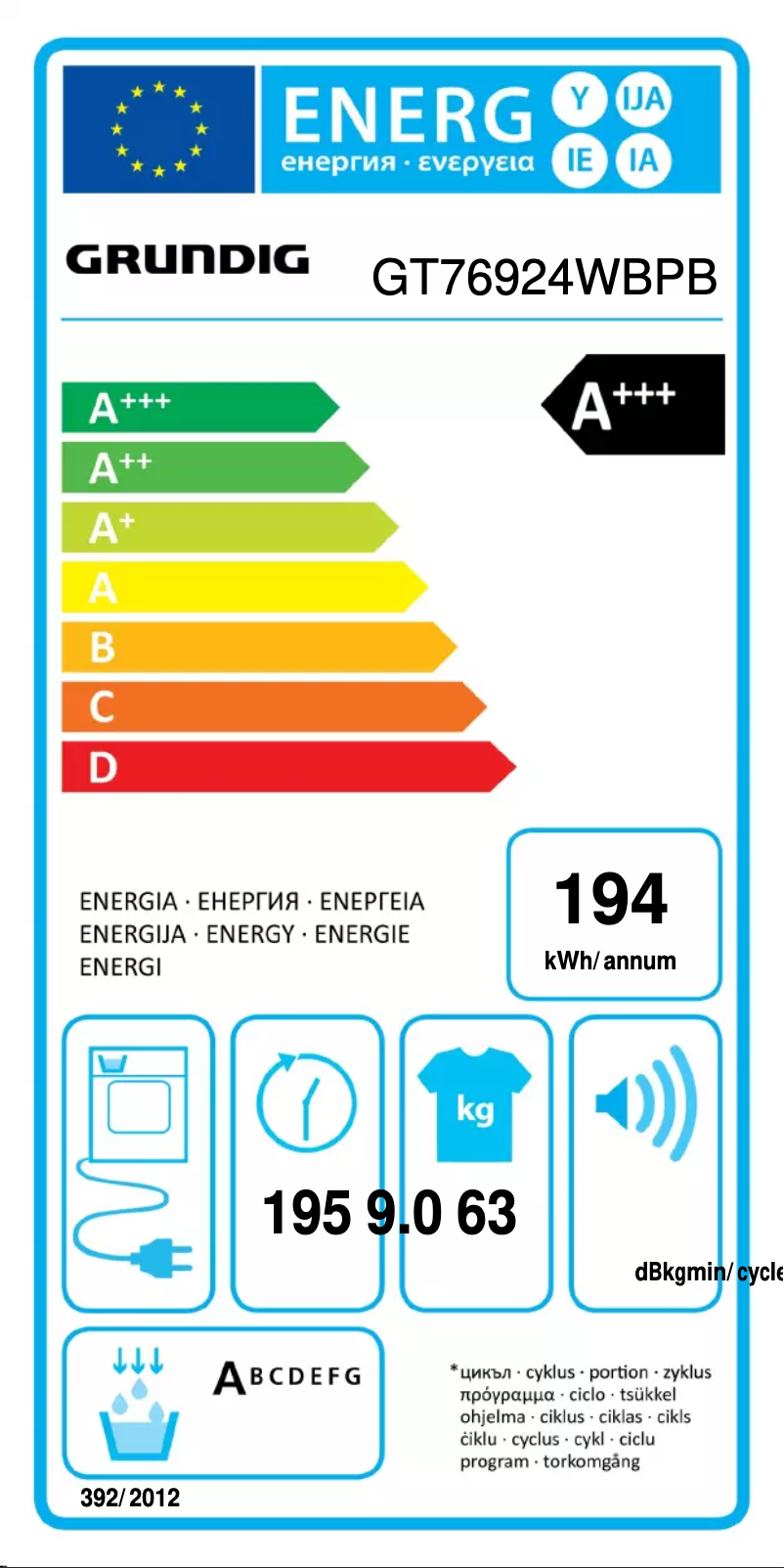 Page n°1 - Label énergétique Grundig GT76924WBPB