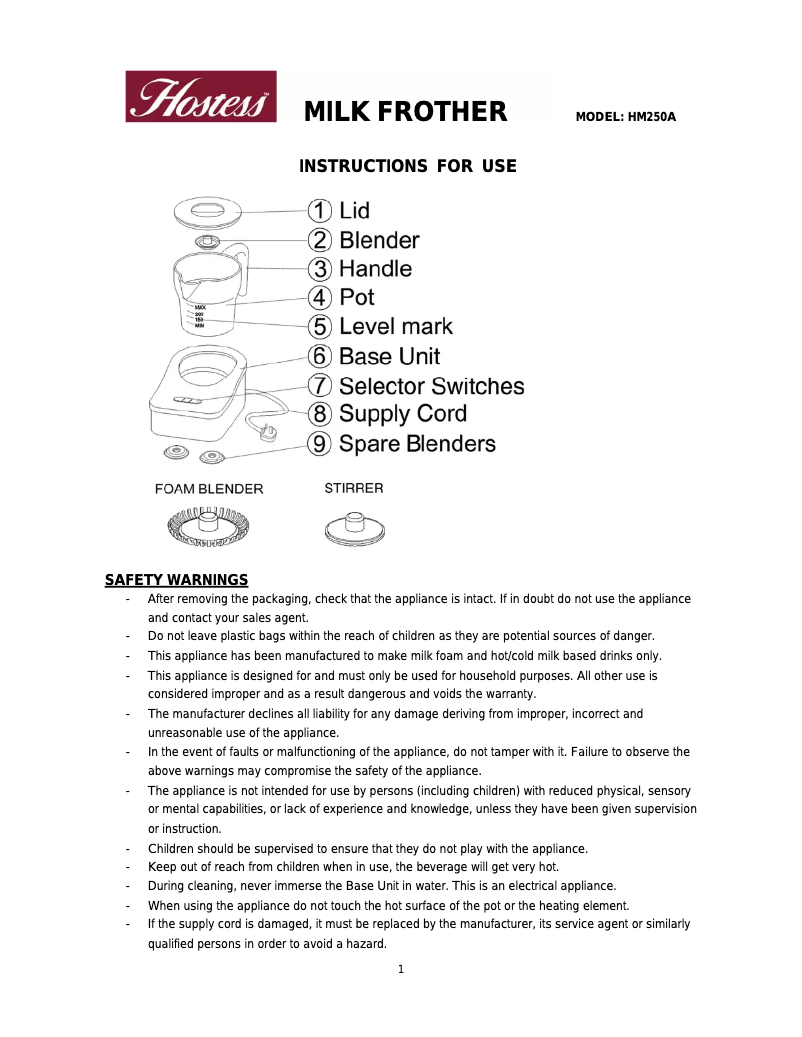 Page 1 de la notice Manuel utilisateur Hostess HM250A
