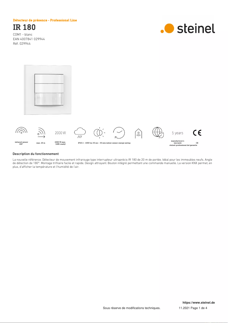 Page 1 de la notice Fiche technique Steinel IR 180 COM1