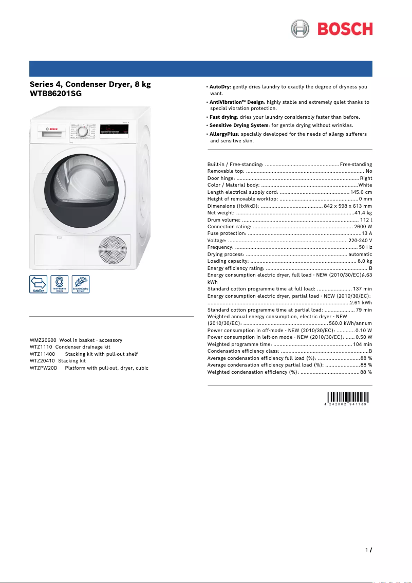 Page n°1 - Fiche technique Bosch WTB86201SG