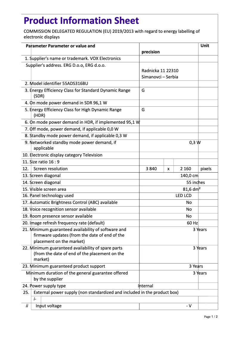 Page 1 de la notice Manuel utilisateur VOX 55ADS316BU
