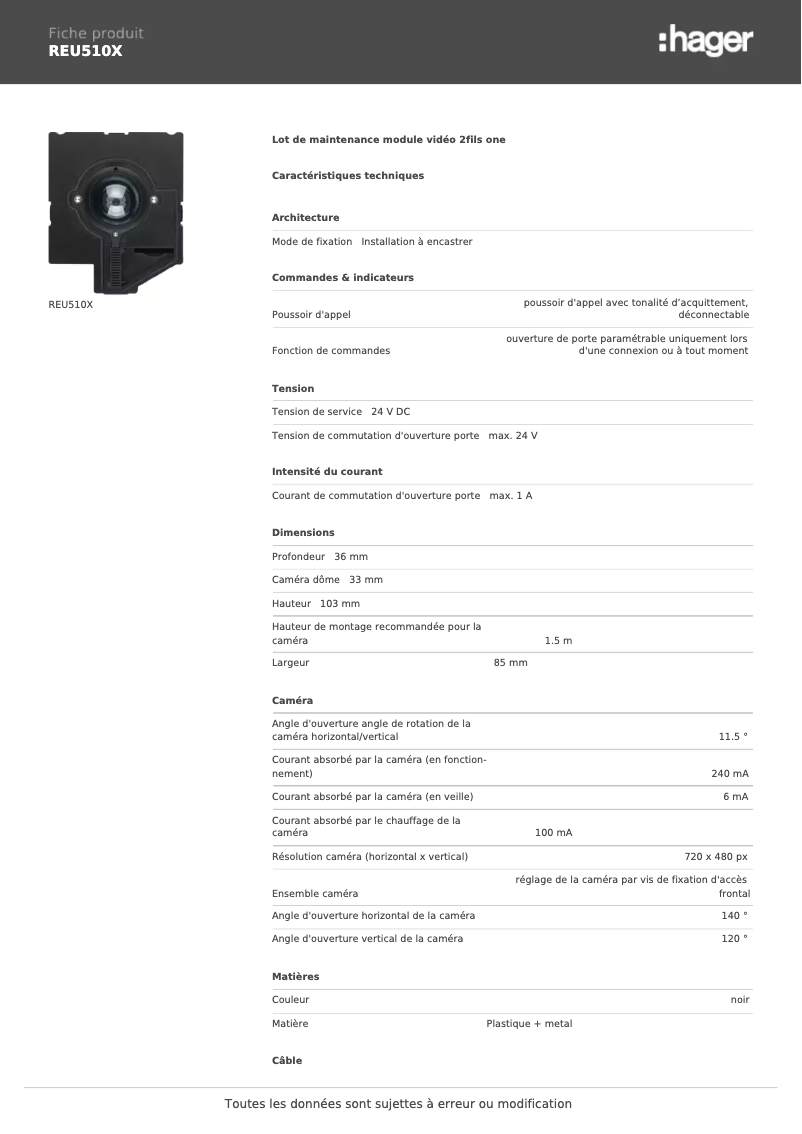 Page n°1 - Fiche technique Hager REU510X