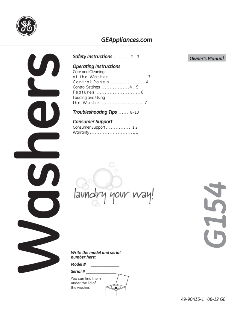 Image de la première page du manuel de l'appareil GTWP1800DWW