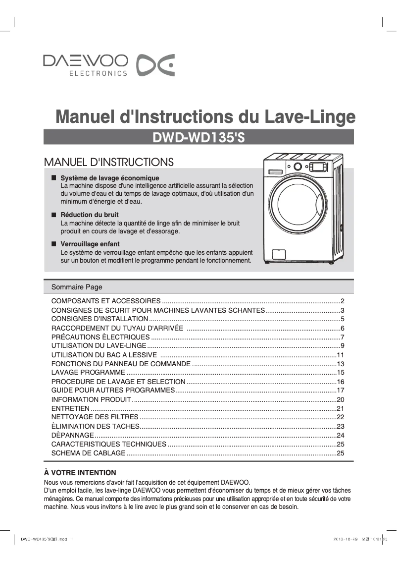 Page 1 de la notice Manuel utilisateur Daewoo DWD-WD1352E