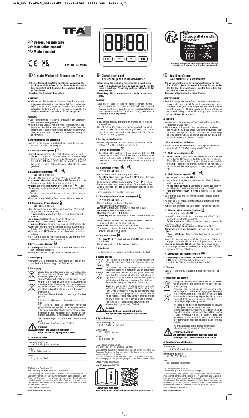 Page n°1 - Manuel utilisateur TFA 60.2036.01