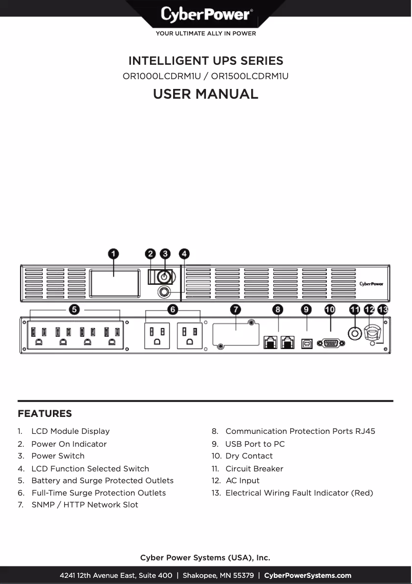 Page 1 de la notice Manuel utilisateur CyberPower OR1000LCDRM1U