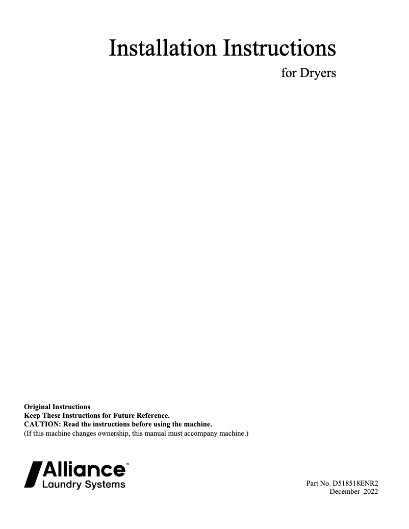 Page n°1 - Guide d'installation Speed Queen DR7004WG