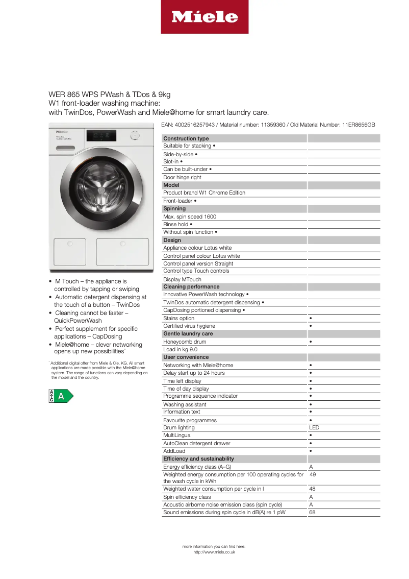 Page n°1 - Fiche technique Miele WER 865 WPS PWash & TDos & 9kg
