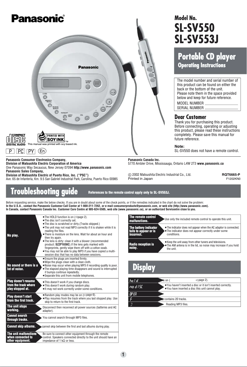 Page n°1 - Manuel utilisateur Panasonic SLS-V553