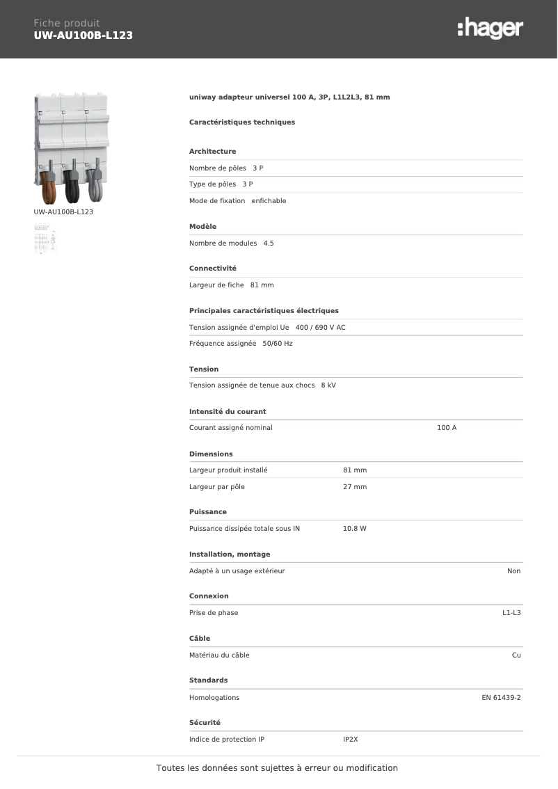 Page n°1 - Manuel utilisateur Hager UW-AU100B-L123