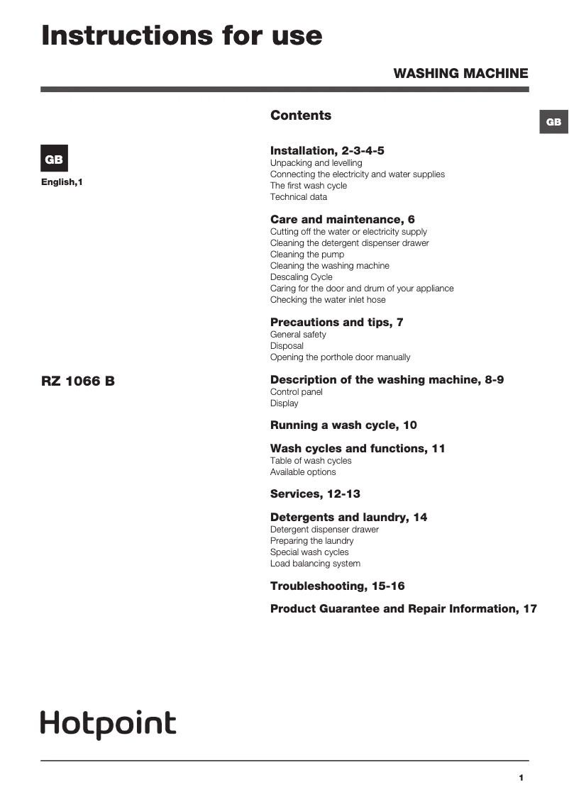 Page n°1 - Manuel utilisateur Hotpoint RZ 1066 B UK