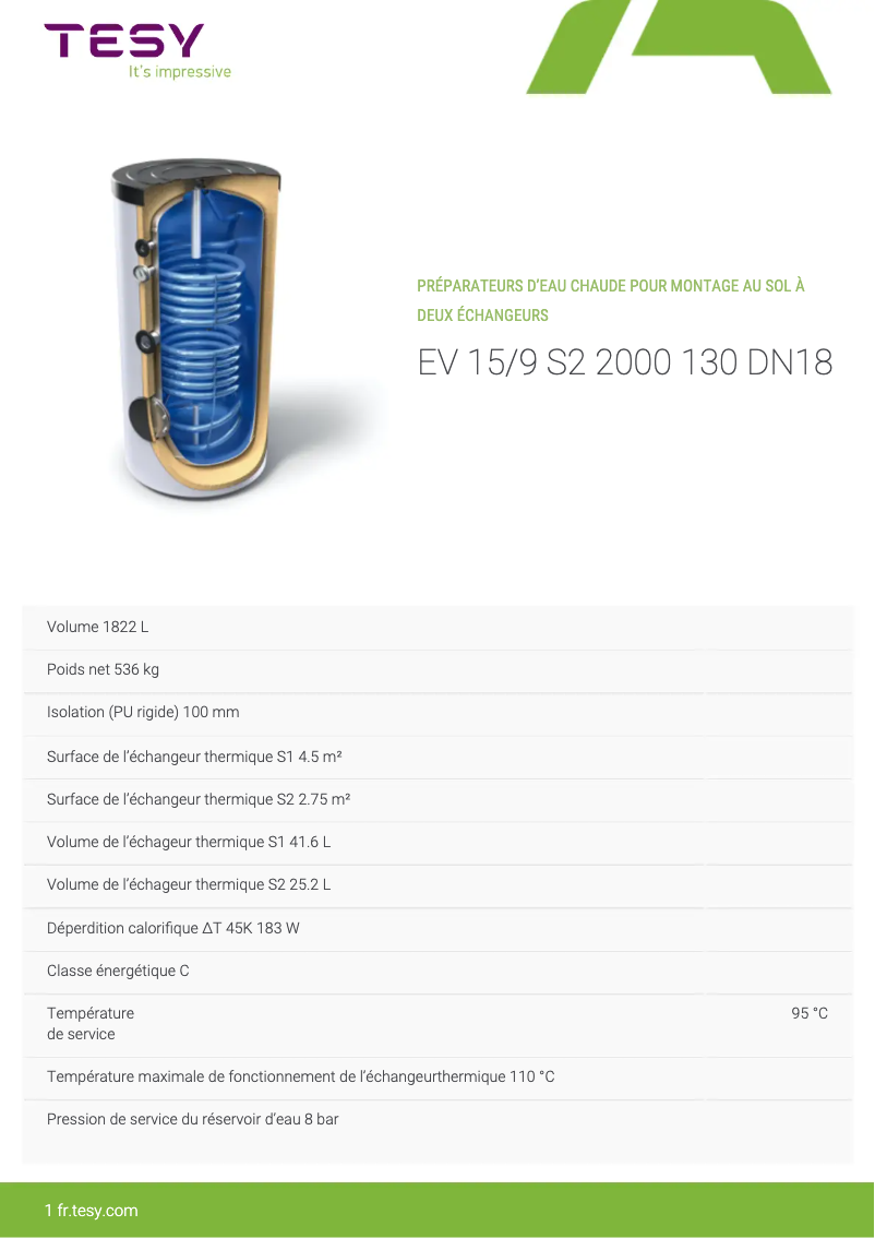 Page 1 de la notice Fiche technique Tesy EV 15/9 S2 2000 130 DN18