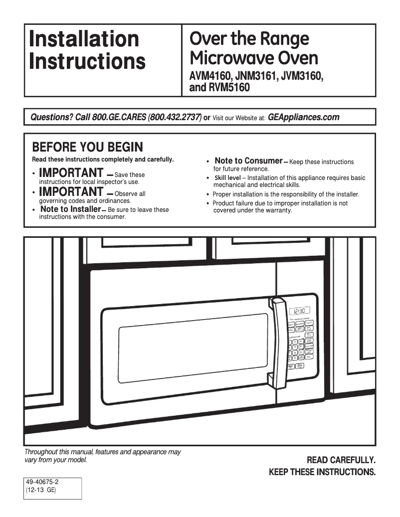 Page 1 de la notice Guide d'installation GE JNM3161RFSS