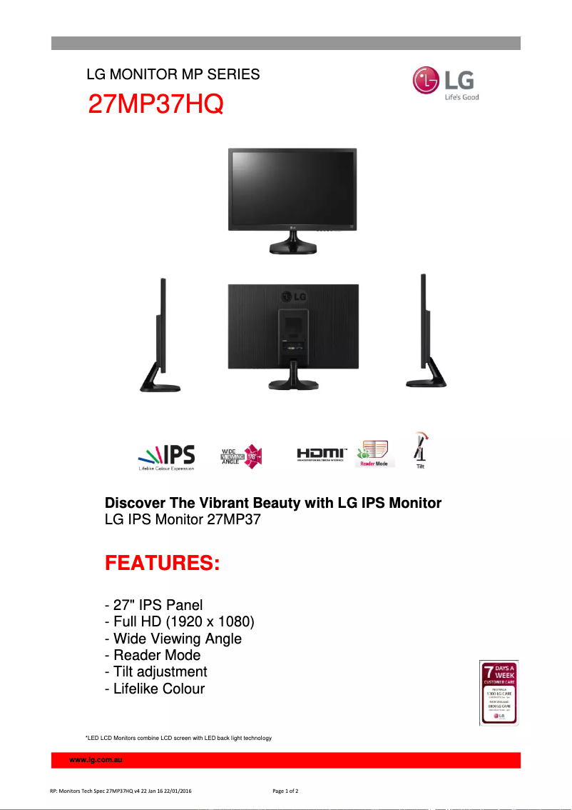 Page 1 de la notice Fiche technique LG 27MP37HQ