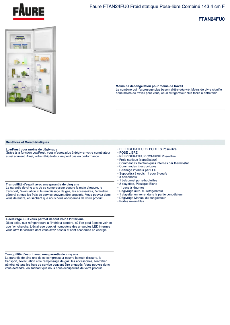 Page 1 de la notice Fiche technique Faure FTAN24FU0