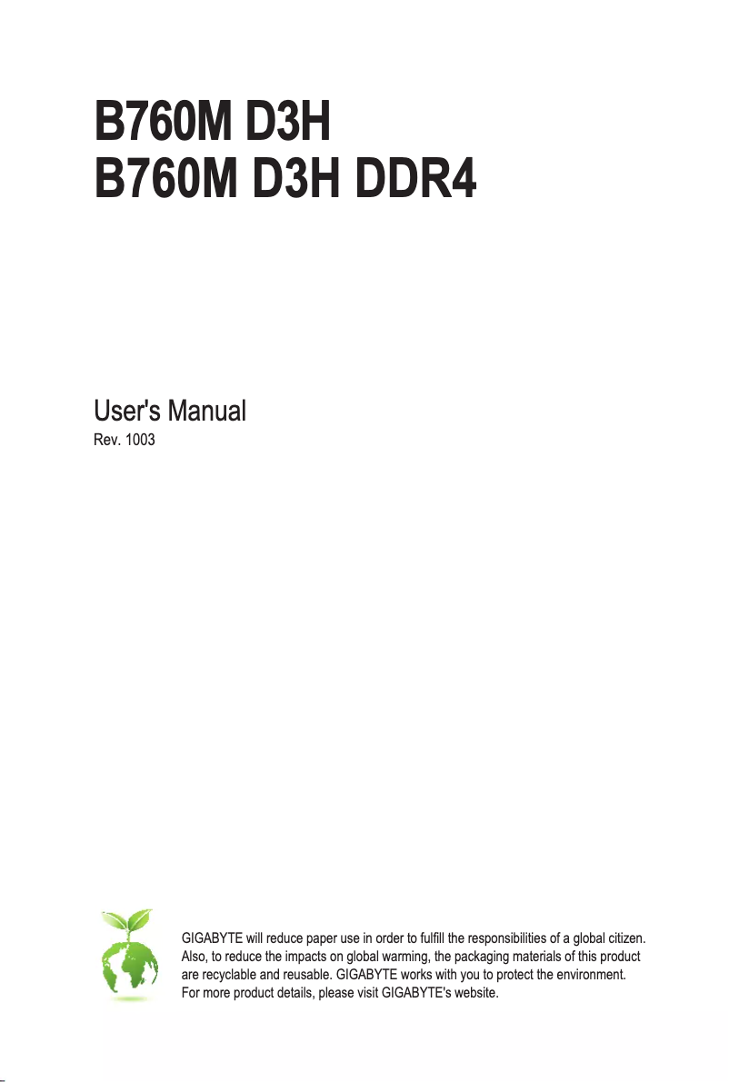 Page 1 de la notice Manuel utilisateur Gigabyte B760M D3H DDR4