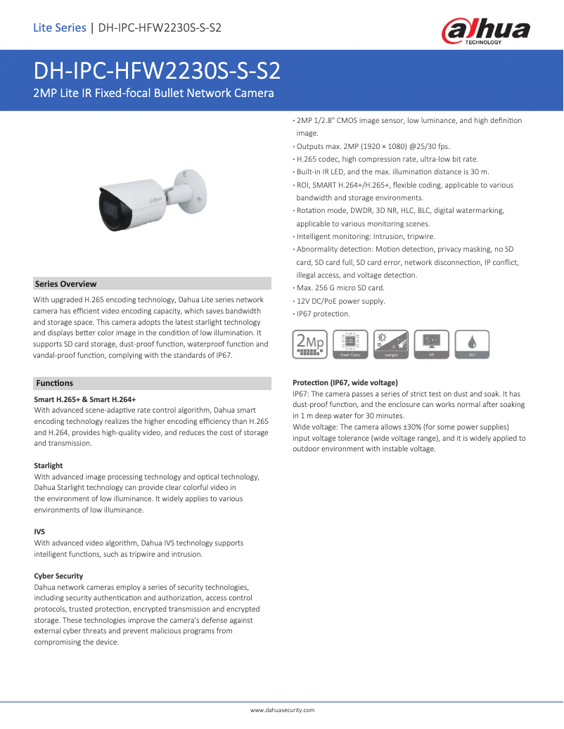 Page 1 de la notice Fiche technique Dahua Technology IPC-HFW2230S-S-S2