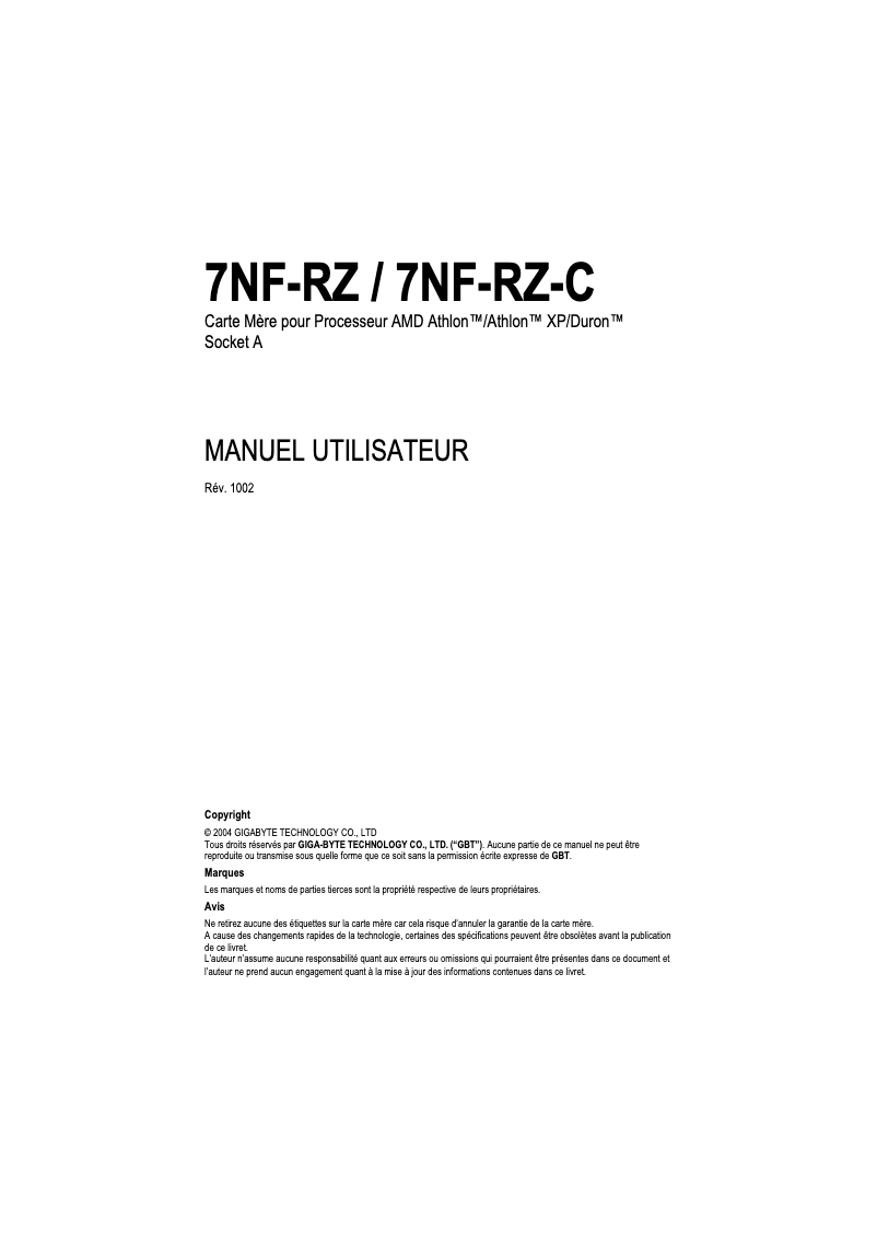 Image de la première page du manuel de l'appareil 7NF-RZ