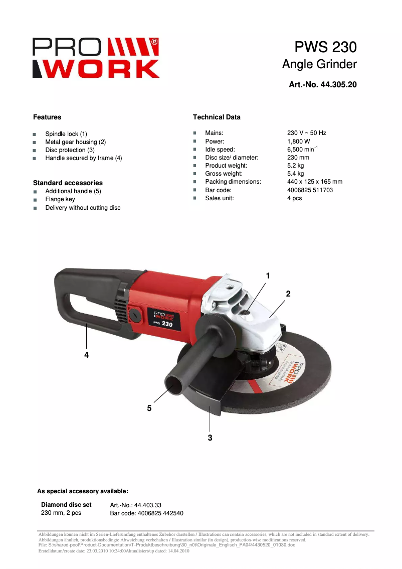 Page n°1 - Manuel utilisateur Prowork PWS 230
