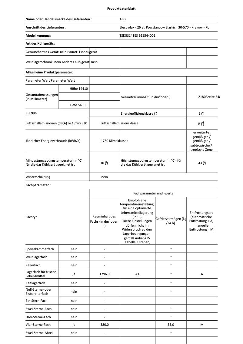 Page n°1 - Fiche technique AEG TSD5S141ES