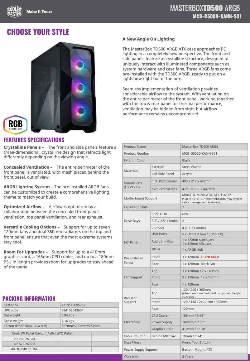 Page 1 de la notice Fiche technique Cooler Master MasterBox TD500 ARGB