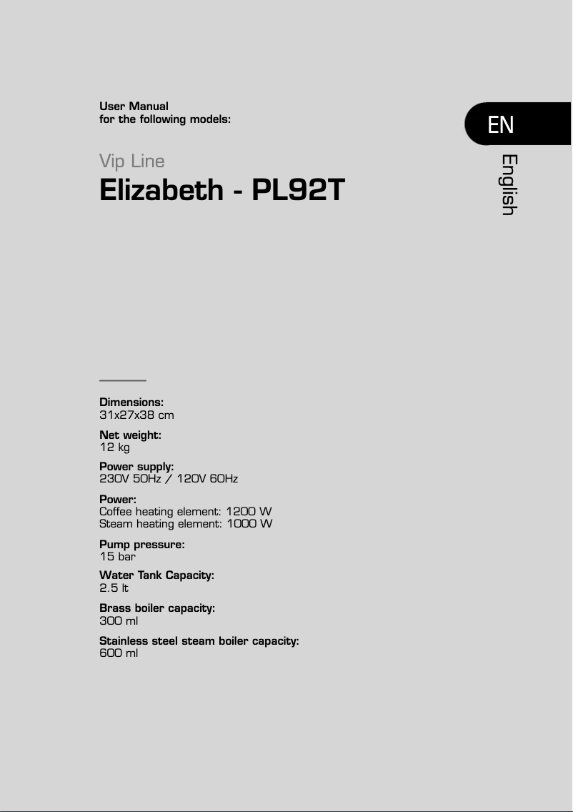 Page 1 de la notice Manuel utilisateur Lelit Elizabeth PL92T