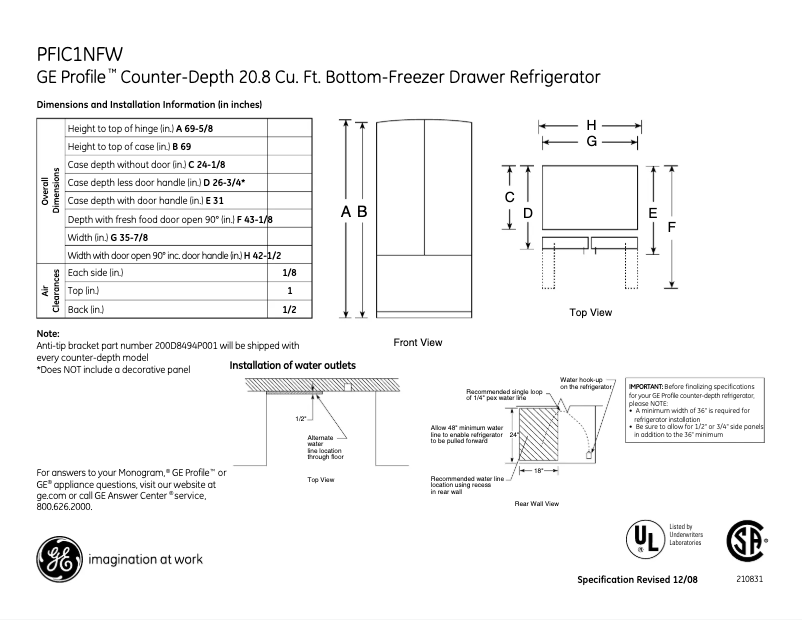 Image de la première page du manuel de l'appareil Profile PFIC1NFWWV
