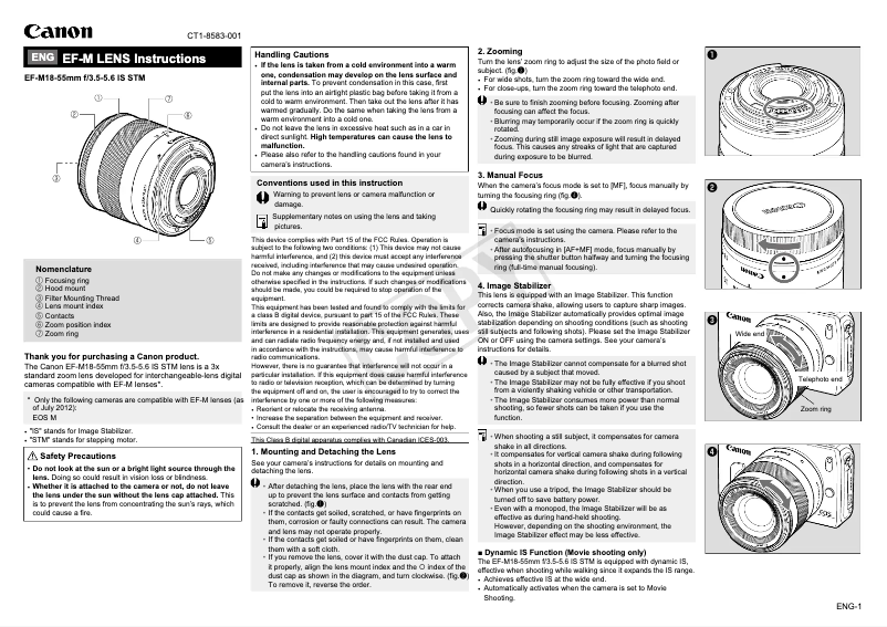 Page 1 de la notice Manuel utilisateur Canon EF-M18-55MM F3.5-5.6 IS STM