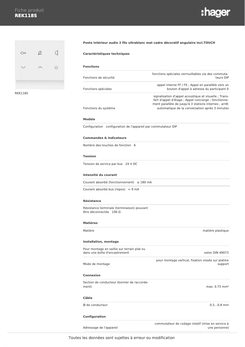 Page n°1 - Fiche technique Hager REK118S