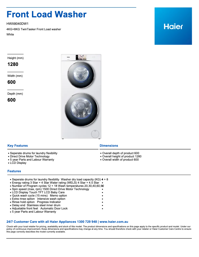 Page 1 de la notice Fiche technique Haier TwinTasker HWX8040DW1
