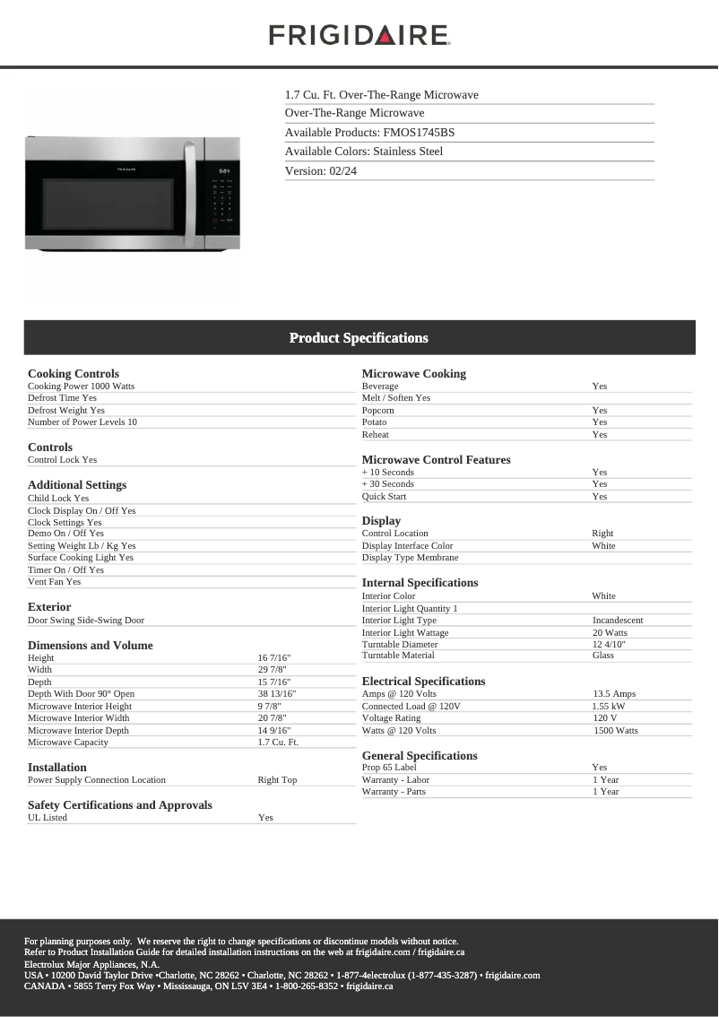 Page n°1 - Fiche technique Frigidaire FMOS1745BS