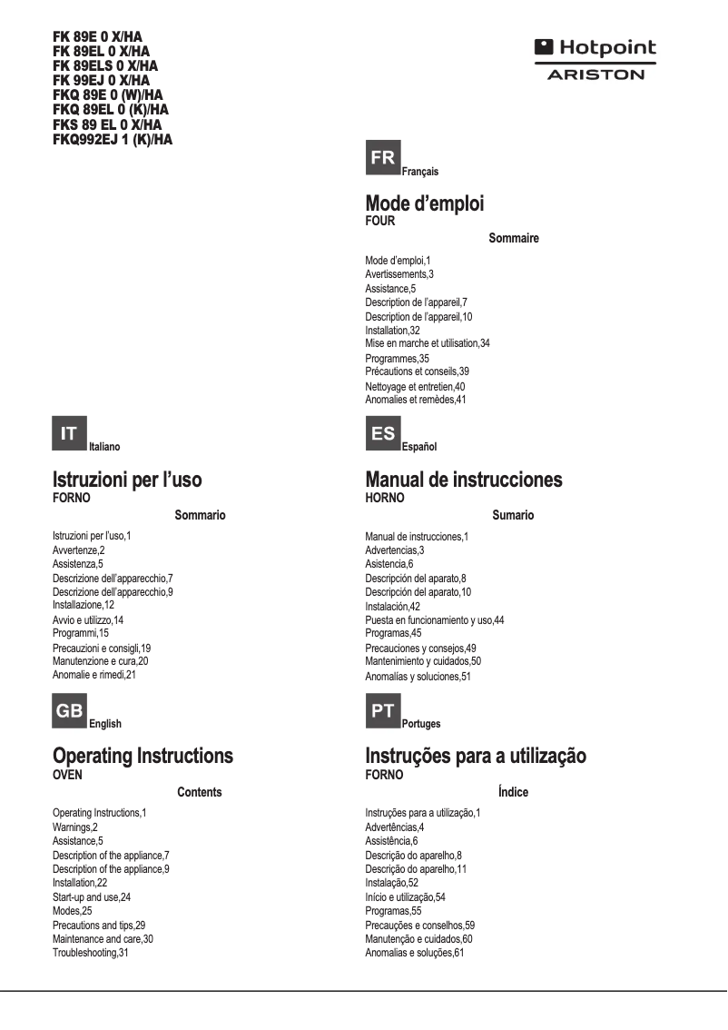 Page n°1 - Manuel utilisateur Hotpoint Ariston FKS 89E
