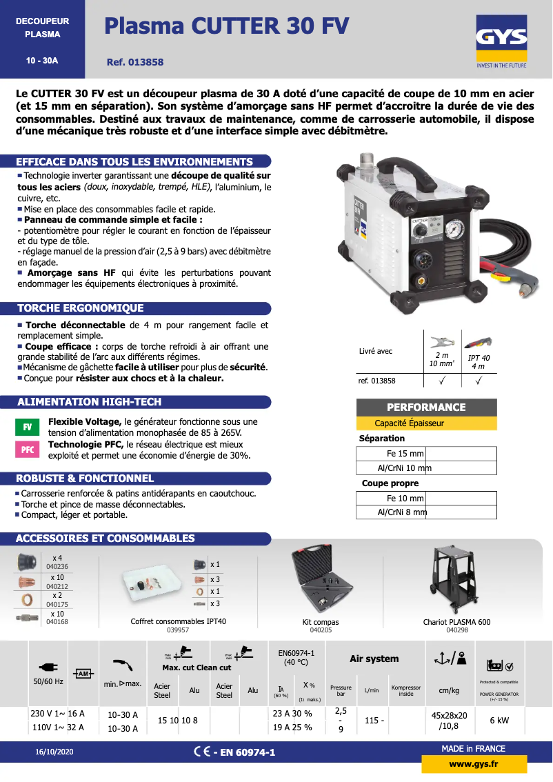 Page 1 de la notice Fiche technique GYS Cutter 30 FV