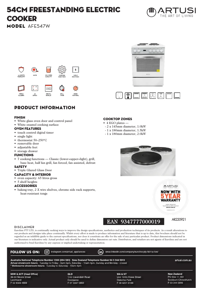 Page 1 de la notice Fiche technique Artusi AFE547W