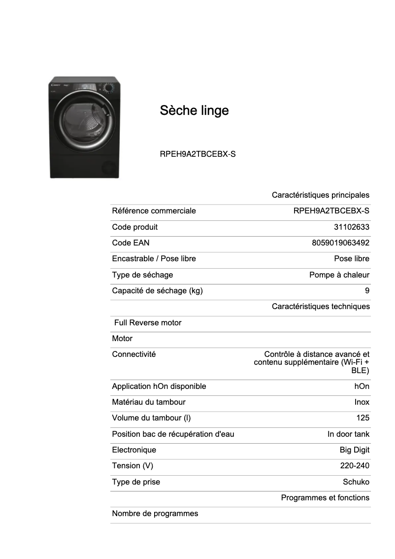 Page n°1 - Fiche technique Candy RPEH9A2TBCEBX-S