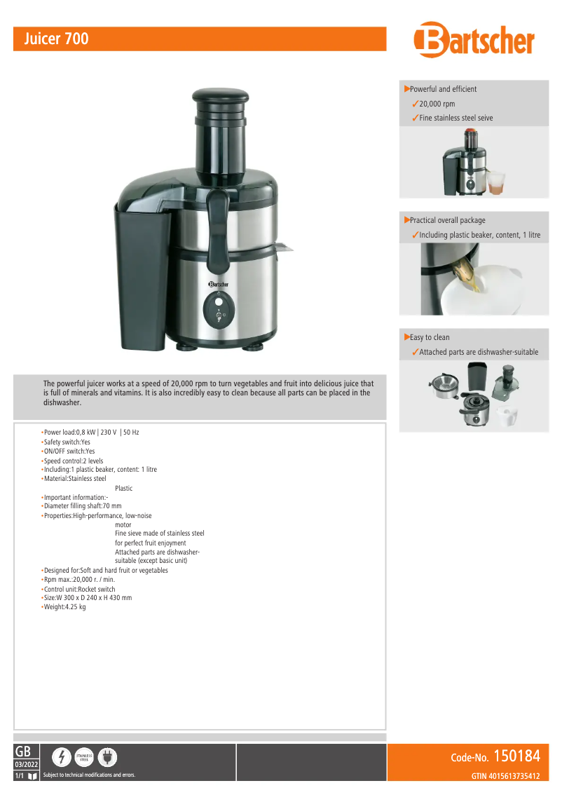 Page 1 de la notice Fiche technique Bartscher Juicer 700