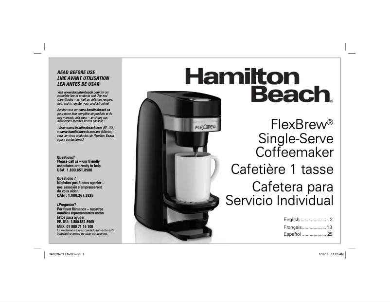 Page 1 de la notice Manuel utilisateur Hamilton Beach FlexBrew 49960