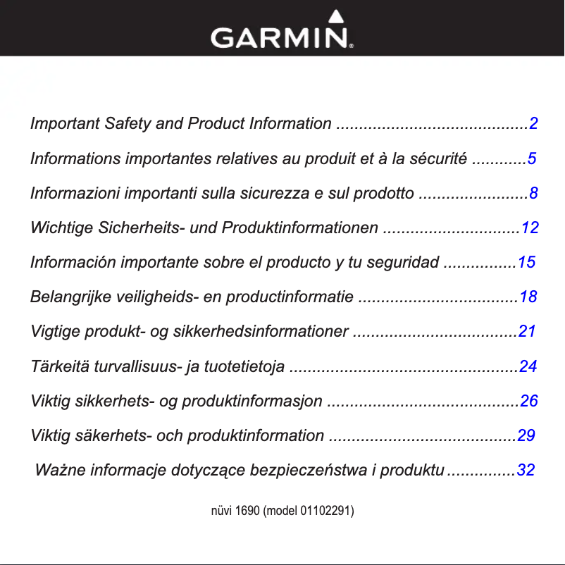 Página 1 del manual Instrucciones de seguridad Garmin NüLink! 1690 LIVE