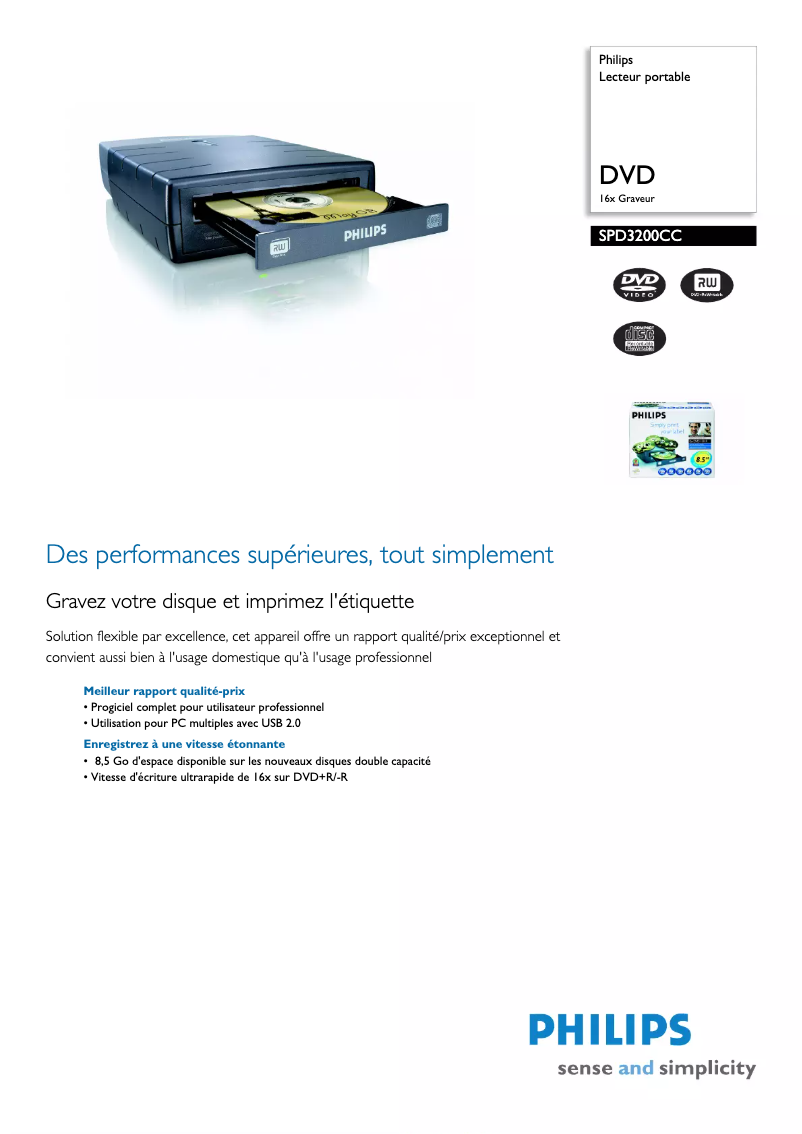Page n°1 - Fiche technique Philips SPD3200CC
