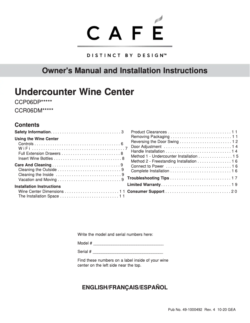 Page n°1 - Manuel d'utilisation et d'entretien GE CCR06DM2PS5