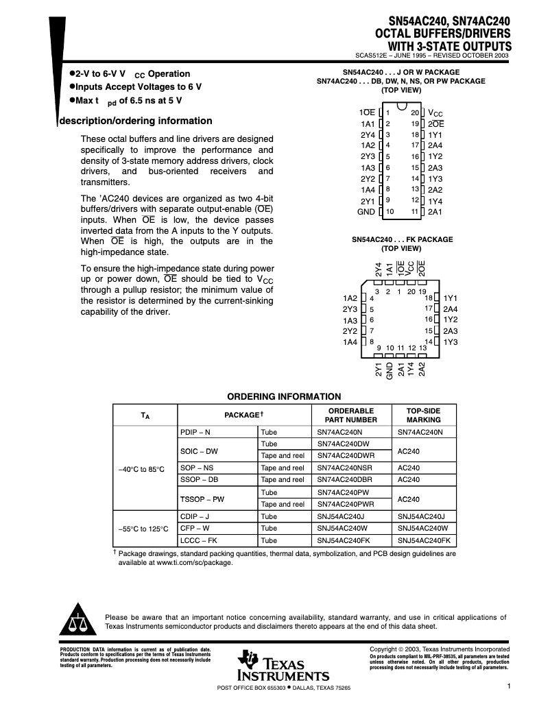 Page 1 de la notice Manuel utilisateur Texas Instruments SN74AC240DW