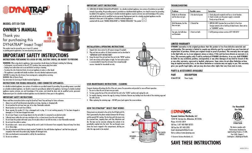Page n°1 - Manuel utilisateur Dynatrap DT150-TUN
